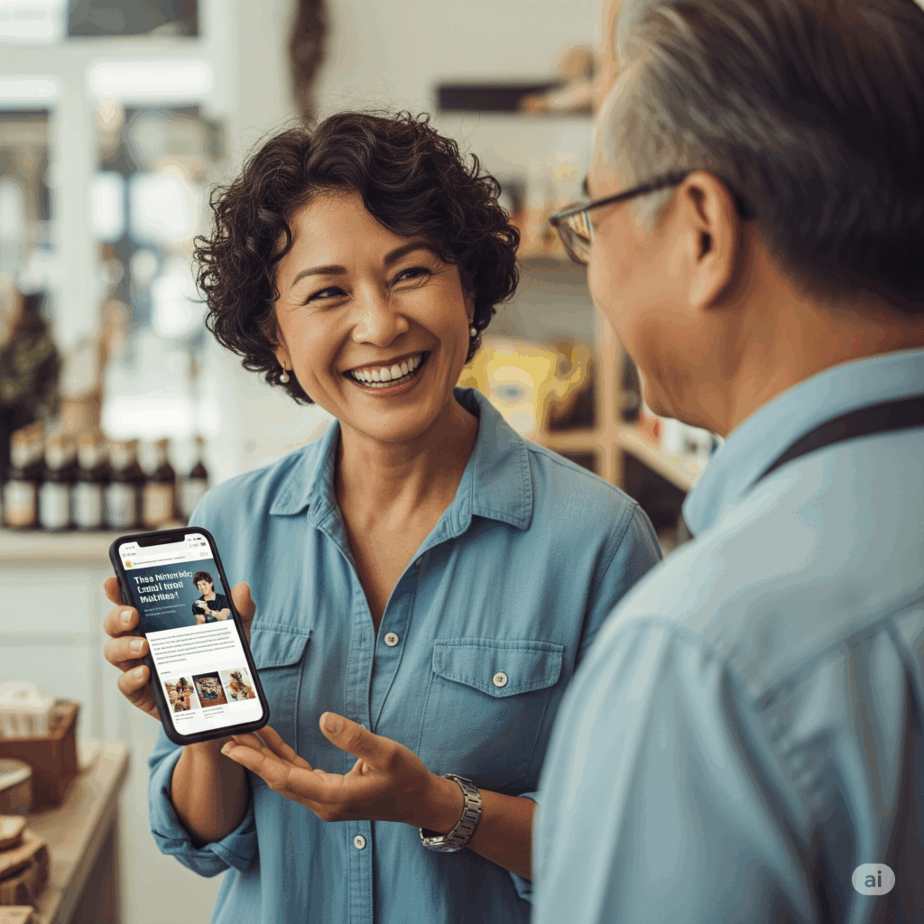 AI image of a female showing a business owner her phone